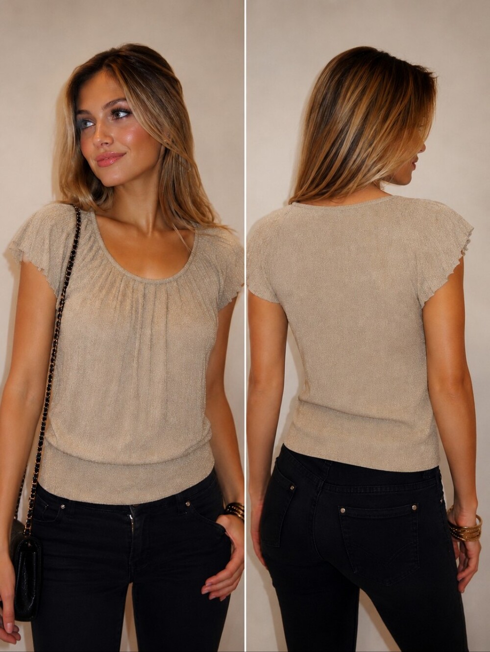 ✨🥂 The Limited Gold Shimmer Knit Top XS Metallic Flutter Cap Sleeve Sweater Y2K